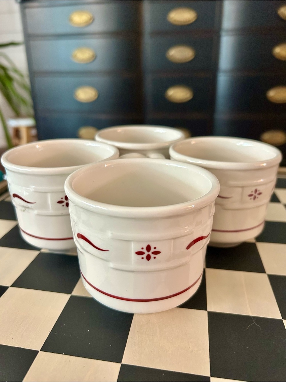 Longaberger Pottery with Red Floral Accent - Set of 4 mugs
